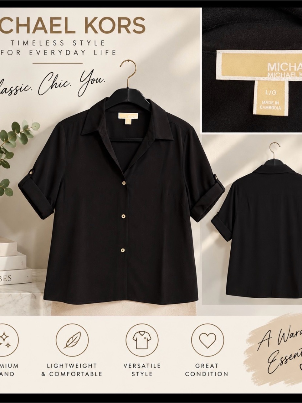 Michael Kors Black Short-Sleeve Button-Down Shirt with Roll Tabs